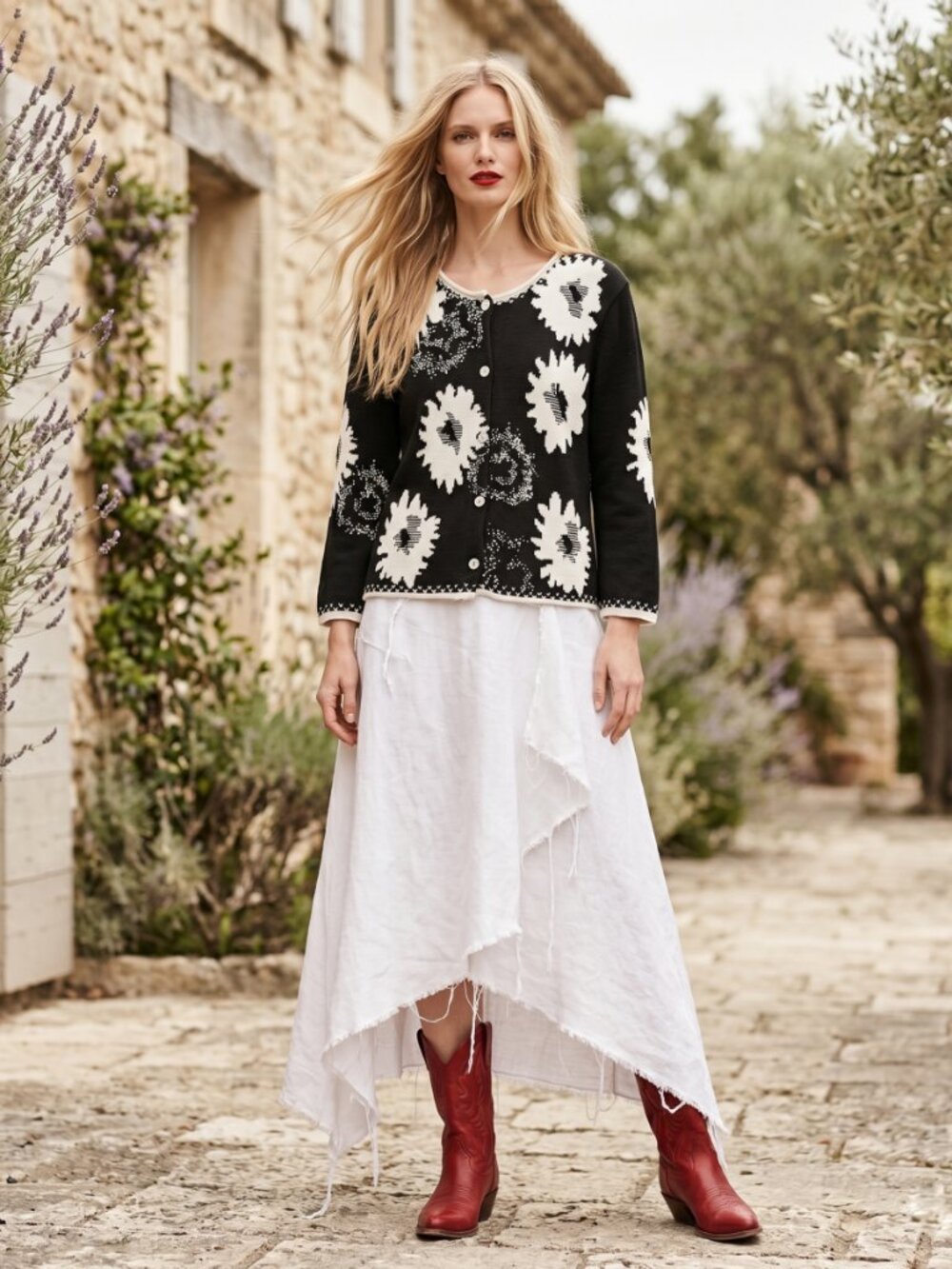 Vintage Black White Beaded Knit Cardigan Ramie Cotton Floral Statement